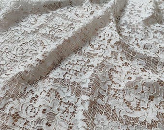 Ivory floral lace fabric by the yard for wedding dress, curtain, sewing projects, DIY crafts, vintage French lace material for bridal gown