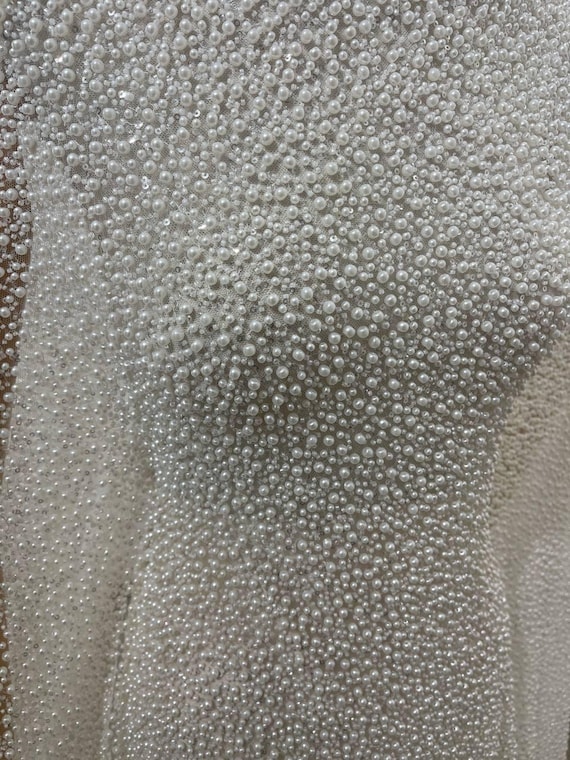Soft Ivory Tulle with Pearls of Various Sizes for Wedding Sewing