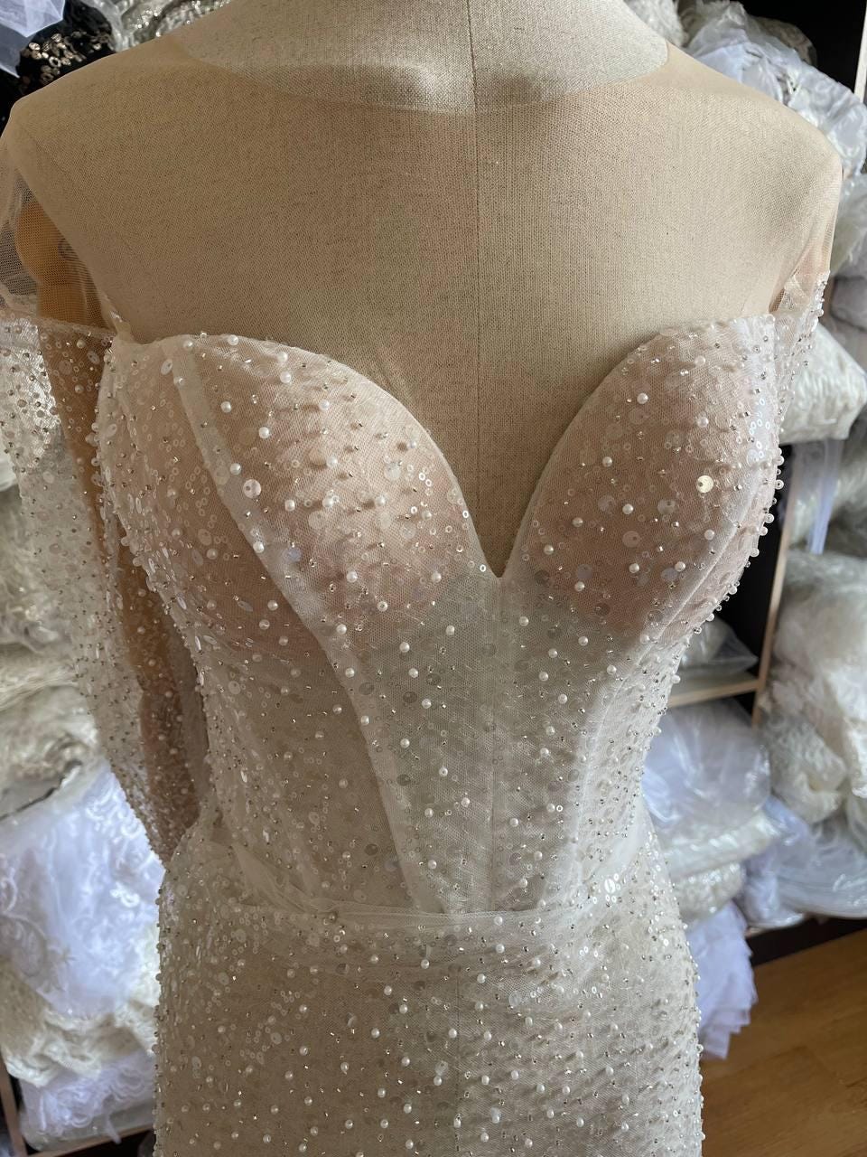 Ivory Lace Tulle Fabric with Sequins and Beads, Embroidered Mesh for Bridal Dress, Wedding Veil or Gown Overlay, Elegant Sewing Material