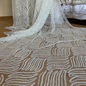 Luxury beaded sequin embroidered lace fabric for wedding dress, evening gown or decoration, exclusive tulle with elegant wave design