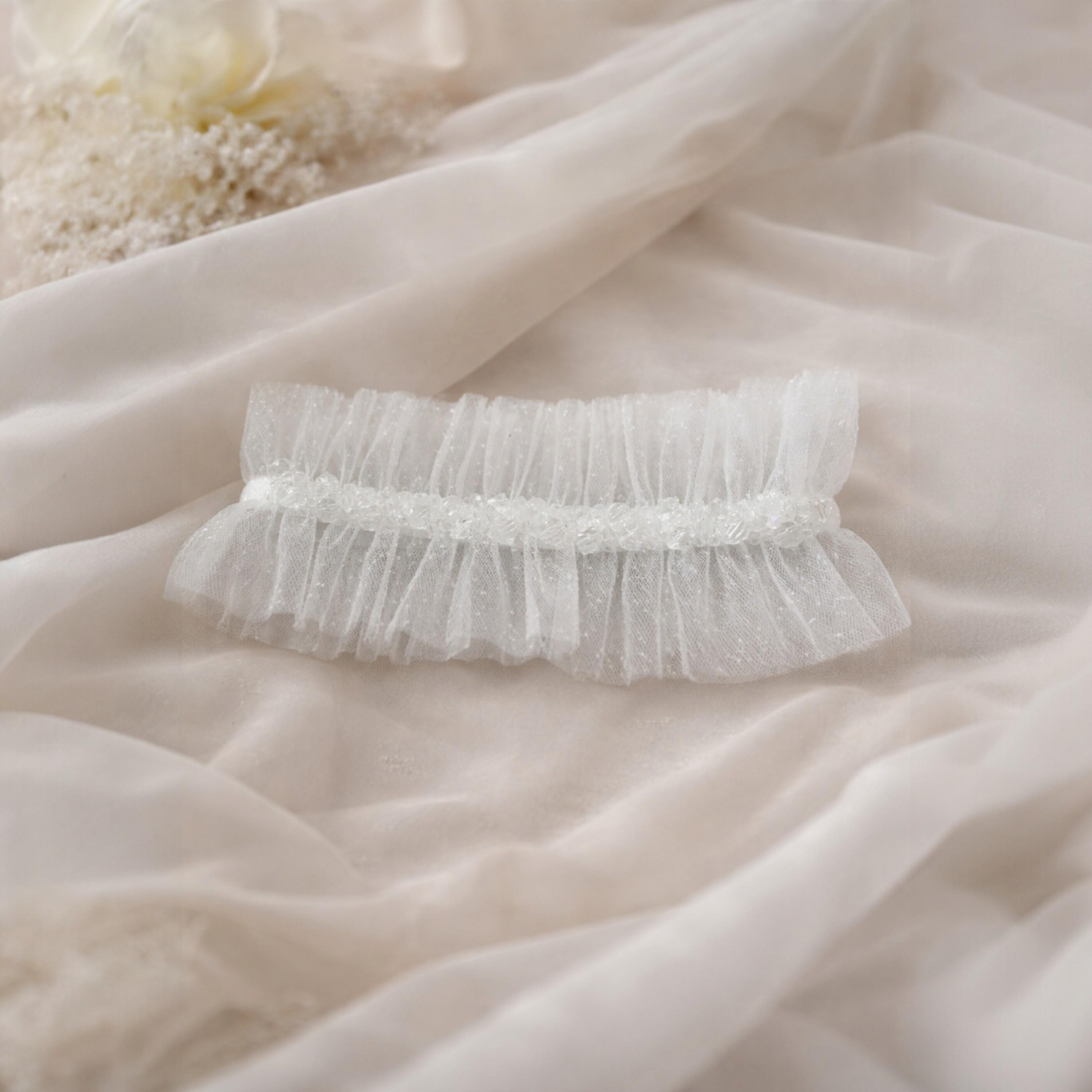 Ivory Tulle Bridal Garter with Pearl Beads, Wedding Ceremony Accessory