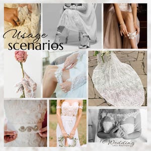 Puede incluir: Un collage de im&aacute;genes que muestran accesorios y atuendos de novia de encaje. Los art&iacute;culos presentados incluyen una liga, guantes, un vestido de novia y una corona floral. Tambi&eacute;n se ve el texto "Usage scenarios" y "Wedding Lace Boutique".