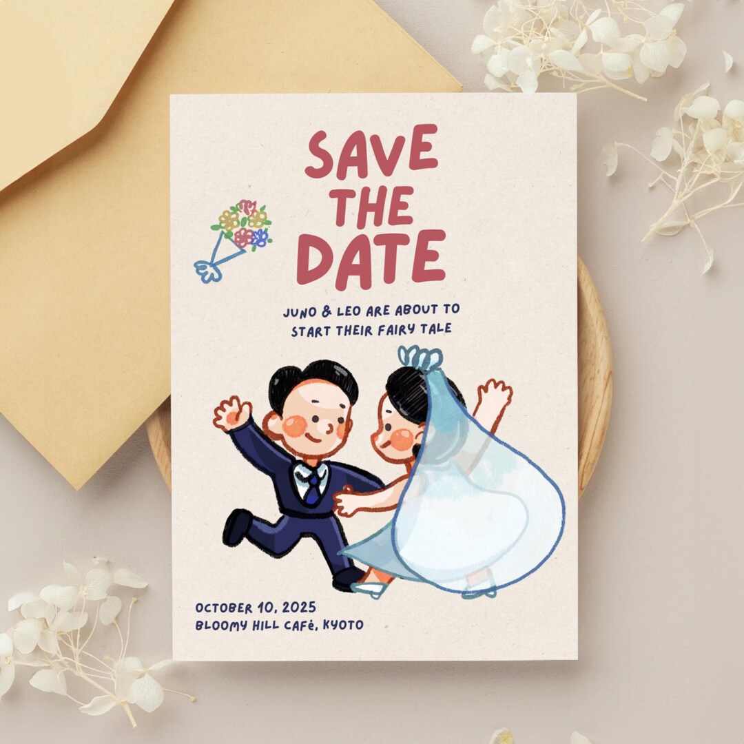 Save the Date Canva Template – Hand-drawn Cartoon Couple | Wedding ...