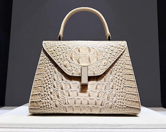 Exquisite Handmade Genuine Cowhide Leather Top-Handle Bag – Crocodile Embossed Luxury