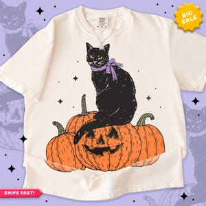 Vintage zwarte kat-sweater: retro Halloween-ronde hals
