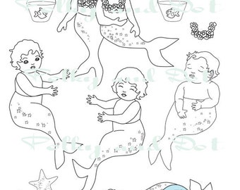 Mermaid  baby digital image for print for coloring with digital stamp download