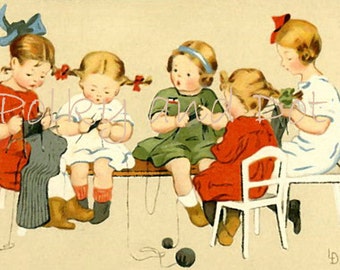 Digital  girls knitting sewing digital download of vintage illustration