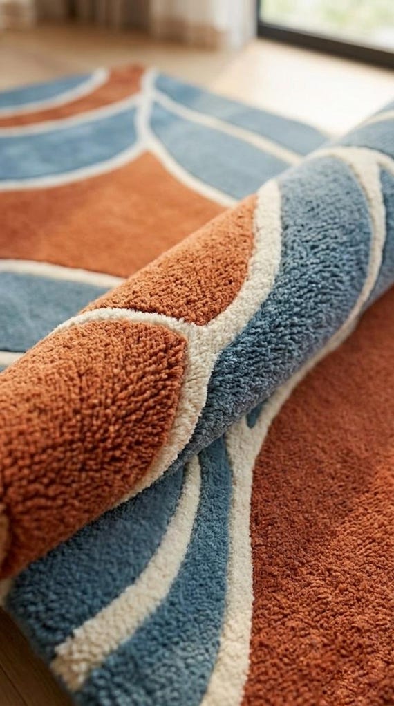 Hand-Tufted Wool Abstract Rug, Terracotta Blue Leaf Pattern, Mid-Century Modern Decor