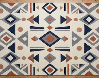 Hand-Tufted Wool Rug, Tribal Geometric Area Rug, Navy Blue Terracotta Southwestern Design