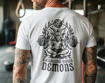 Exercise Your Demons - White T-Shirt | Raise Hell Lifting Club | Gym Shirt | Lifting Tee