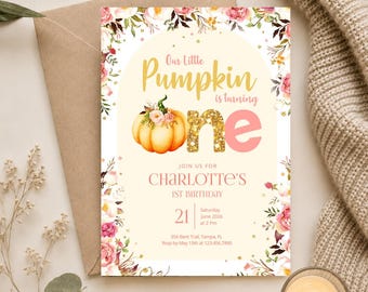 Editable Little Pumpkin 1st Birthday Invitation, Pink Floral Fall First Birthday Girl Invite, Autumn Pumpkin Digital Printable Evite