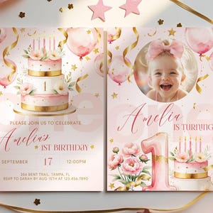 Puede incluir: Invitación de dos caras para una celebración de primer cumpleaños. El diseño presenta una tarta de acuarela, globos y el nombre "Amelia". La invitación incluye la fecha, hora e información de RSVP.