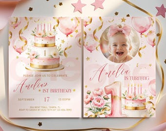Può includere: Invito fronte-retro per una festa di primo compleanno. Il design presenta una torta ad acquerello, palloncini e il nome "Amelia". L'invito include data, ora e informazioni RSVP.