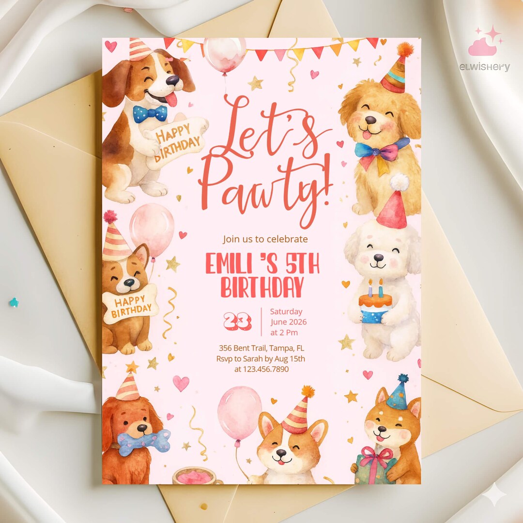 Editable Puppy Dog Birthday Invitation, Cute Dog Party Invite for Girls ...