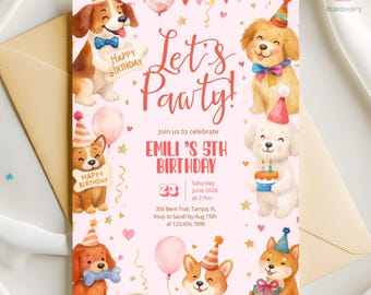 Editable Puppy Dog Birthday Invitation, Cute Dog Party Invite for Girls, Pawty Animals Digital Template, Pink Puppy Birthday Card