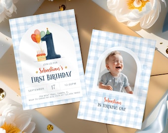 Blue Gingham First Birthday Invitation Boy, Editable 1st Birthday Invite with Photo, Cake and Balloons,Instant Digital Invitation with Photo