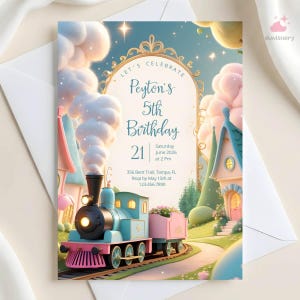 May include: A pastel-themed birthday invitation with a train illustration. The text reads "Peyton's 5th Birthday," along with the date, time, and RSVP details. The background depicts a whimsical landscape with fairytale houses and fluffy clouds.