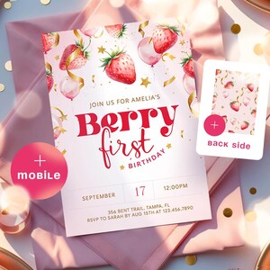 Berry 1st Birthday Invitation, Editable Strawberry Invite for Girl, 1st Birthday Girl Invitation, Berry First Birthday Party Template