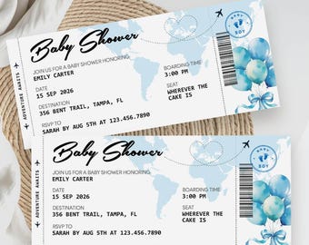 Boarding Pass Baby Shower Invitation, Editable Travel Theme Invite, Airplane Baby Shower Ticket Template for Boy or Girl