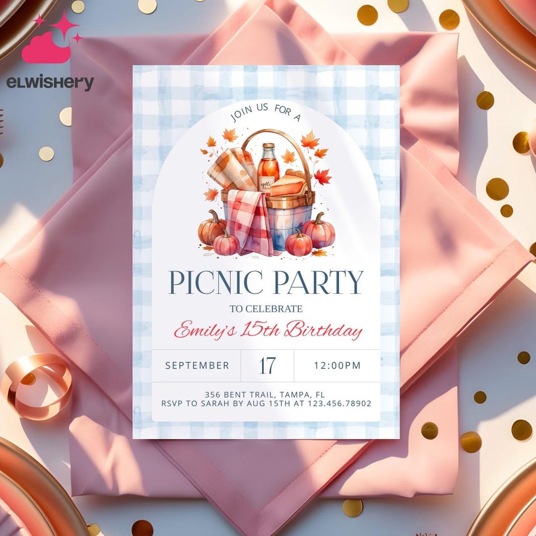 Editable Picnic Party Invitation Template, Fall Birthday Picnic Invite ...