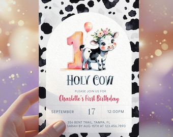 Heilige Kuh ersten Geburtstagseinladung, bearbeitbares Cowgirl 1. Geburtstag einladen, Bauernhof-Mädchen-Party-Schablone, druckbare Baby-Geburtstagskarte