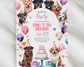 Editable Puppy Dog Birthday Invitation, Cute Dog Party Invite for Girls, Pawty Animals Digital Template, Pink Puppy Birthday Card