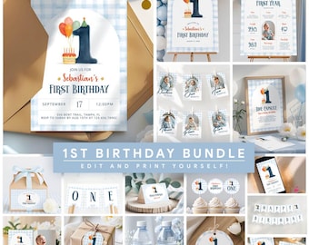 May include: A collection of first birthday party decorations and stationery. Includes invitations, banners, cupcake toppers, gift tags, water bottle labels, and a sign with the text "Sebastian's First Birthday". The color scheme is blue and white.