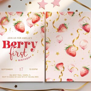 Berry First Birthday Invitation, Strawberry 1st Birthday Girl Invite, Berry Birthday Printable, Digital Strawberry Invite Template
