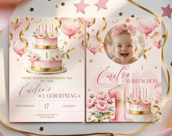 Può includere: Invito di compleanno rosa e oro con una torta ad acquerello, palloncini e il numero uno. L'invito include il nome "Emilia" e la data 17 settembre.