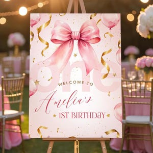 Pink Bow 1st Birthday Welcome Sign, Watercolor Bow First Birthday Poster, Custom 1st Birthday Girl Sign, Printable Birthday Decor