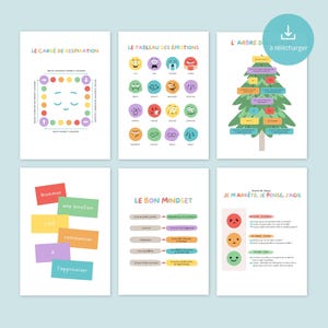Set mit 6 therapeutischen und pädagogischen Postern für Kinder. Diagramm der Emotionen, des Selbstvertrauens, der Atmung, des Geisteszustands, der Psychologie