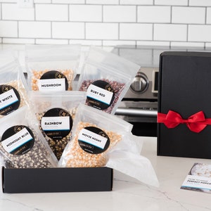 Popcorn gift set - gourmet popcorn sampler for movie popcorn gift basket, unpopped popcorn kernels, gluten-free employee appreciation gift