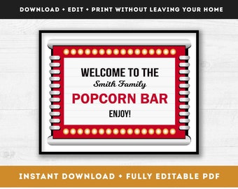 Printable Popcorn Bar Welcome Sign for Movie Night, Instant Download Theater Marquee Sign, DIY Fully Custom PDF Instant Digital Download