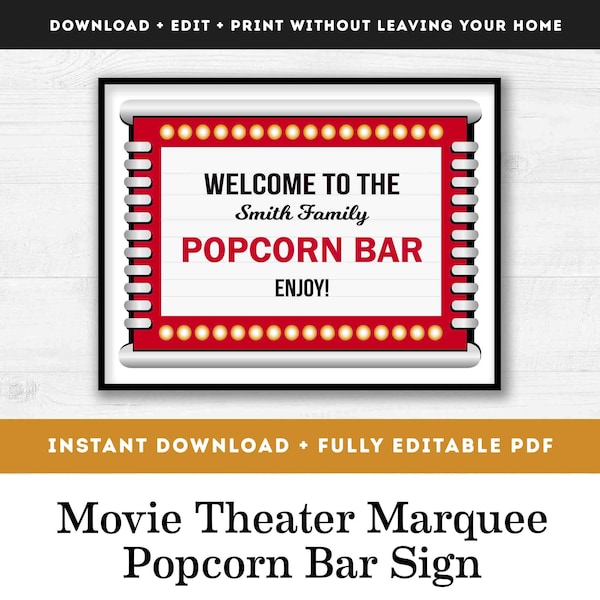 Printable Popcorn Bar Welcome Sign for Movie Night, Instant Download Theater Marquee Sign, DIY Fully Custom PDF Instant Digital Download