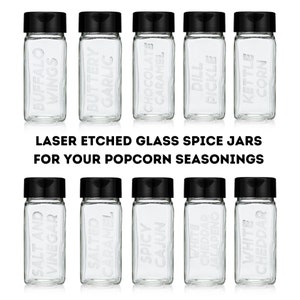 Laser etched spice jars for popcorn seasonings - 4 oz square glass spice bottles, seasoning shakers for movie popcorn snacks