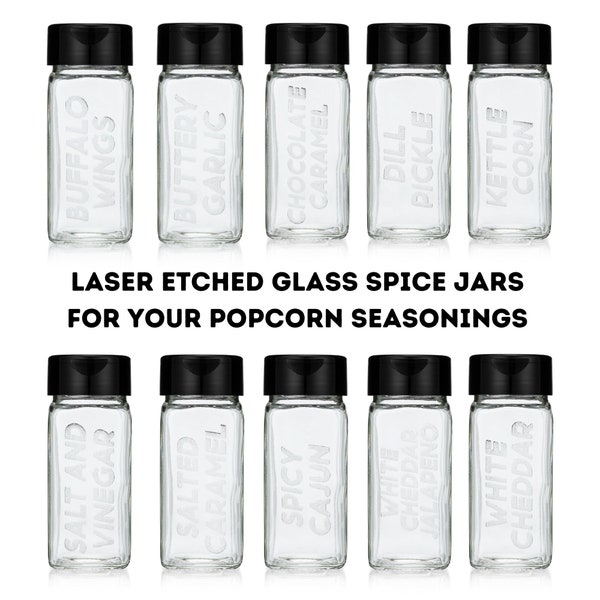 Laser etched spice jars for popcorn seasonings - 4 oz square glass spice bottles, seasoning shakers for movie popcorn snacks