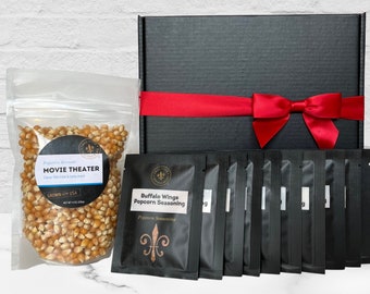 Seasoning and Popcorn Starter Pack - Single Serving Seasonings, Movie Theater Popcorn, Popcorn Sampler, Unique Gift Box