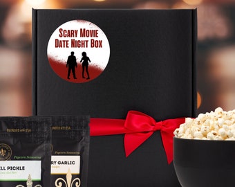 Custom popcorn gift set for horror movie buff, gourmet popcorn + seasoning + popper in zombie themed gift box, boy/girl zombie couples gift