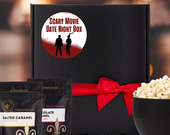 Scary Movie Watch Date Night Gift Box with Popcorn + Seasoning - horror movie Boy/Boy zombie couple, Halloween snack box gift for boyfriend