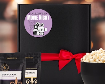 Scary Movie Night Gift Box with Popcorn + Toppings - Gourmet popcorn and seasoning snack kit for Halloween movie night