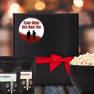 Custom popcorn gift set for horror movie buff, gourmet popcorn + seasoning + popper in zombie themed gift box, boy/girl zombie couples gift