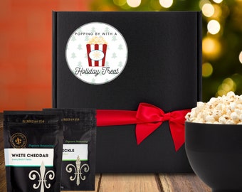 Holiday Treat Gift Box - Gourmet popcorn kernels and seasoning kit, secret Santa gift, Christmas popcorn gift basket