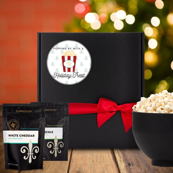 Holiday Treat Gift Box - Gourmet popcorn kernels and seasoning kit, secret Santa gift, Christmas popcorn gift basket