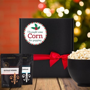 Christmas Food Gift Basket - Gourmet popcorn kernels and seasoning, custom Christmas popcorn kit for family, holiday movie marathon treats