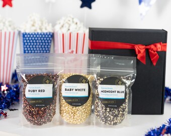 Patriotic Gift Popcorn Gift Set - Red, White and Blue Popcorn Kernels, gourmet popcorn military gift, Americana gift