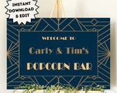 Art Deco Popcorn Station Sign - Blue and gold editable sign for Gatsby 1920s party, wedding or prom