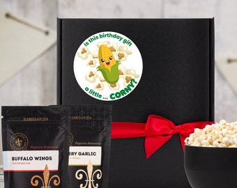 A Little Corny... Birthday Gift - Popcorn Box with food pun birthday label, Popcorn seasoning with popcorn kernels, custom popcorn kit