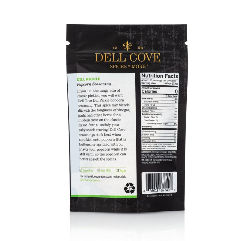 Back view of dill pickle popcorn seasoning pouch on white background. Dell Cove Spices