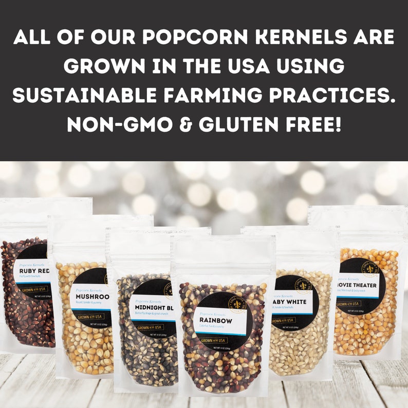 All popcorn kernel varieties shown. All of our popcorn kernels are grown in the USA using sustainable farming practices. Non GMO and gluten free. Dell Cove Spices