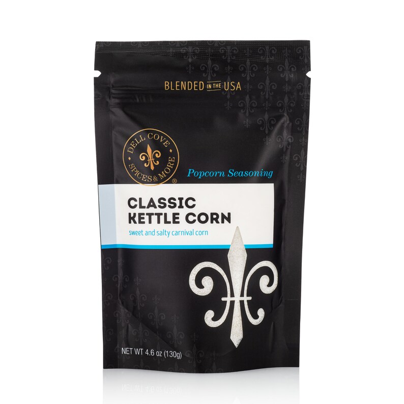 Front view of classic kettle corn seasoning pouch on white. Dell Cove Spices